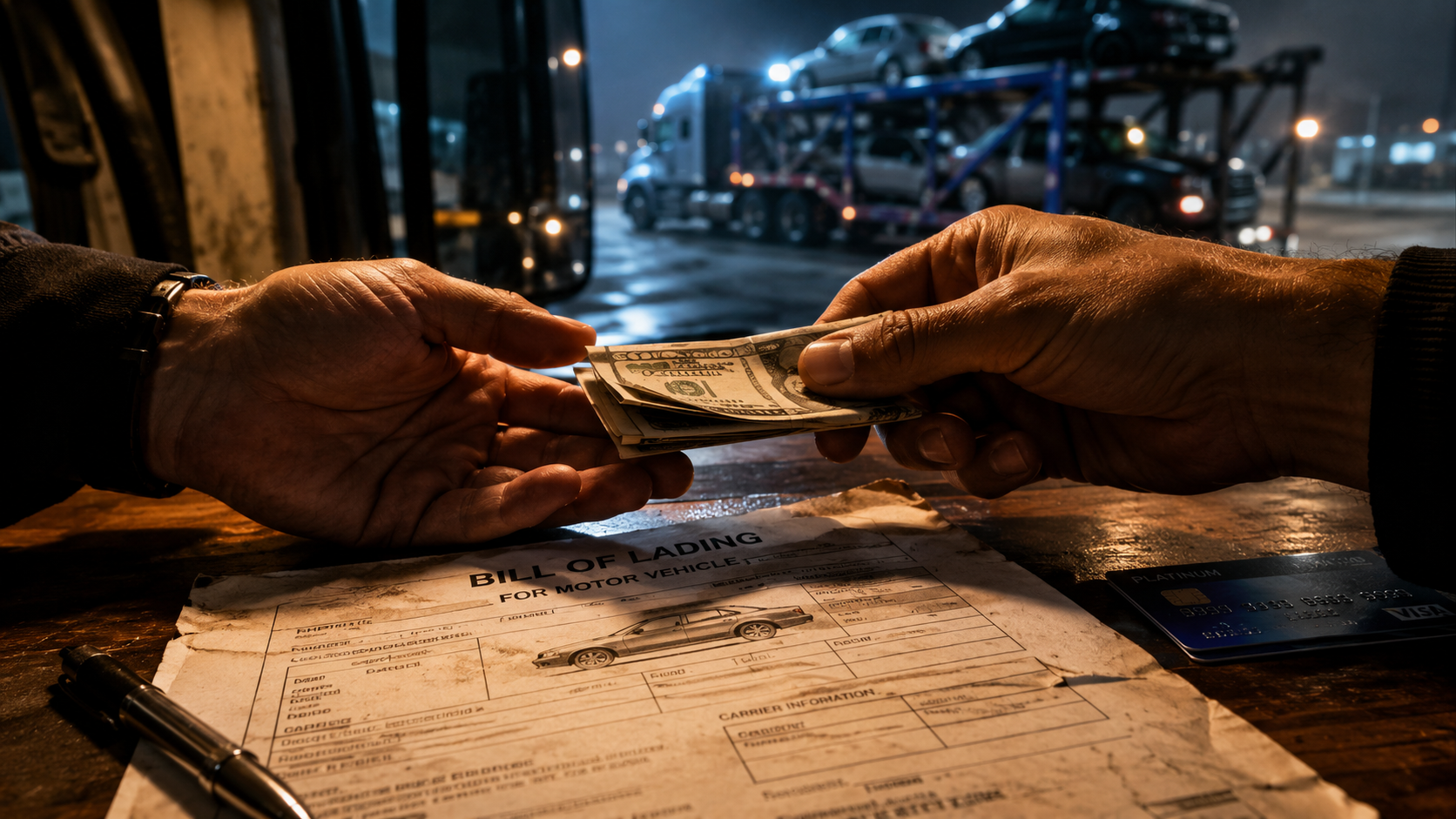 Cash exchanging hands over a Bill of Lading with a car carrier in the background — auto transport deposit structures explained