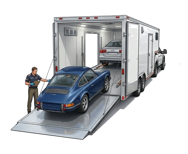 Classic Porsche being loaded into an enclosed car carrier — premium enclosed auto transport