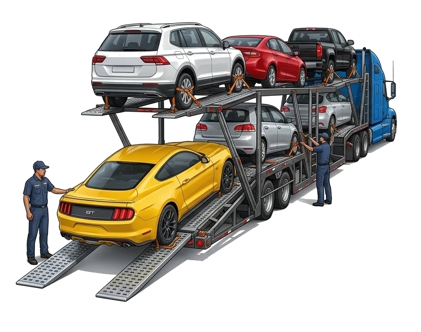 Open car carrier loaded with vehicles on both decks — open auto transport